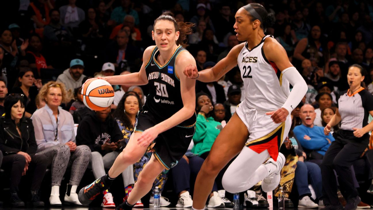Liberty vs. Aces (Breanna Stewart #30 of the New York Liberty dribbles against A'ja Wilson #22 of the Las Vegas Ace) [1296x729]