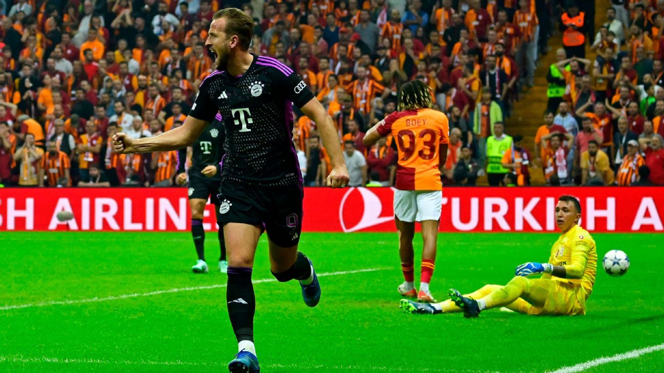 Harry Kane celebrates after scoring Bayern Munich's second goal in their Champions League win over Galatasaray.