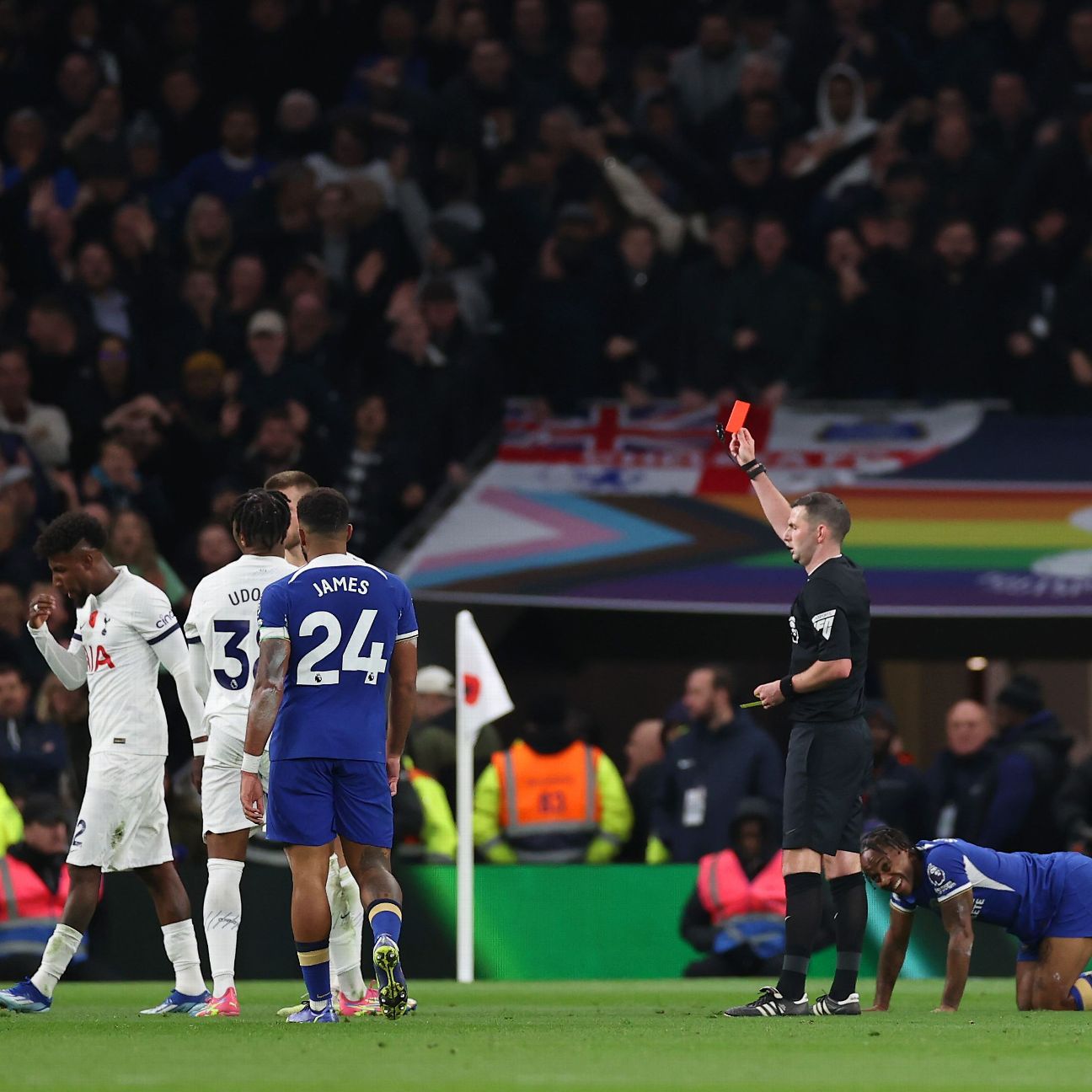 Nine-man Spurs miss out on top spot in chaotic 4-1 loss to Chelsea