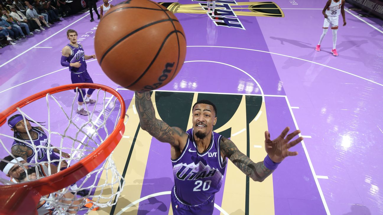 John Collins drives to the basket vs. Phoenix Suns at vivint.SmartHome Arena in Salt Lake City, Utah, on Nov. 17, 2023.