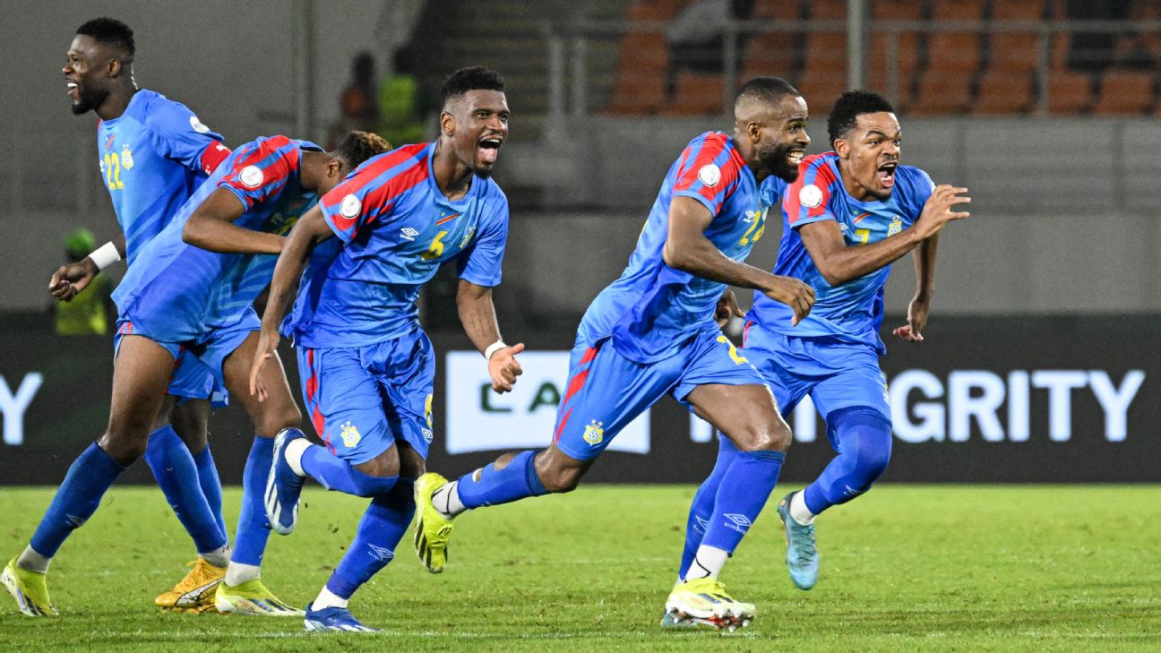 Congo players celebrate after beating Egypt in a shootout at the Africa Cup of Nations.