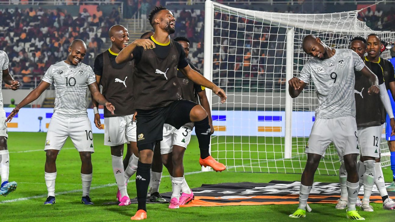 South Africa players celebrate after scoring a goal against Morocco at the Africa Cup of Nations.