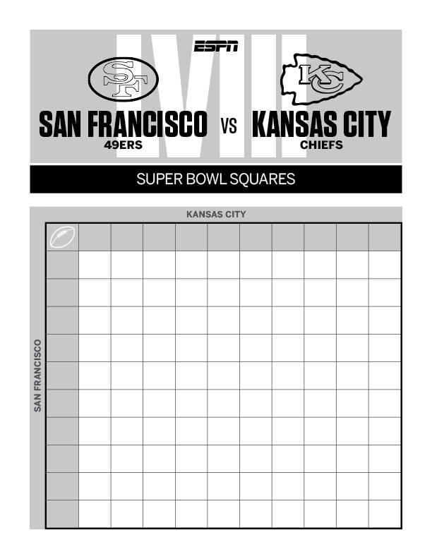 2024 Super Bowl squares 49ersChiefs printable party sheet