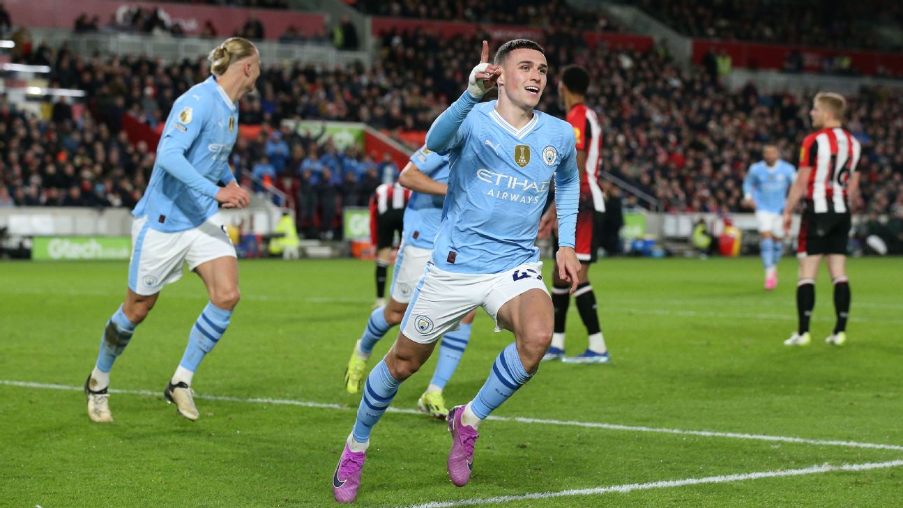 Phil Foden celebrates after scoring a goal for Man City against Brentford in the Premier League.