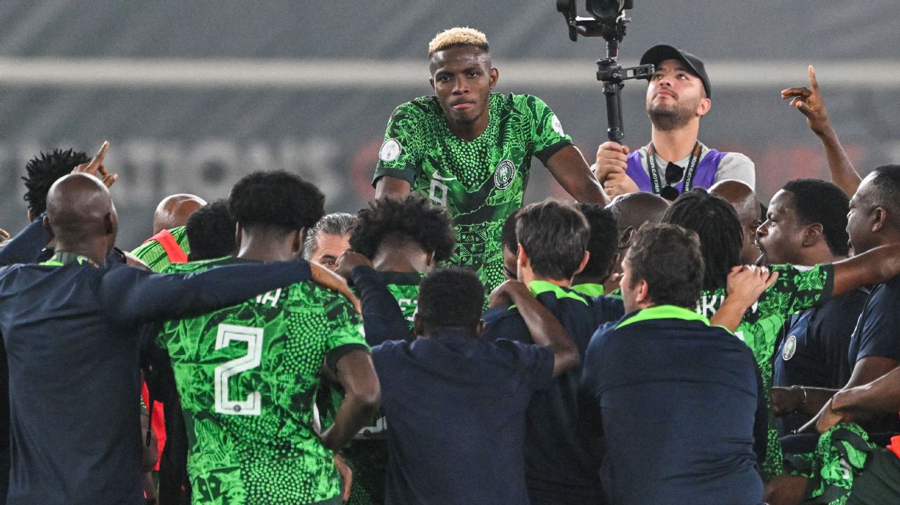 Nigeria celebrate reaching their first AFCON final since 2013. ISSOUF SANOGO/AFP via Getty Images