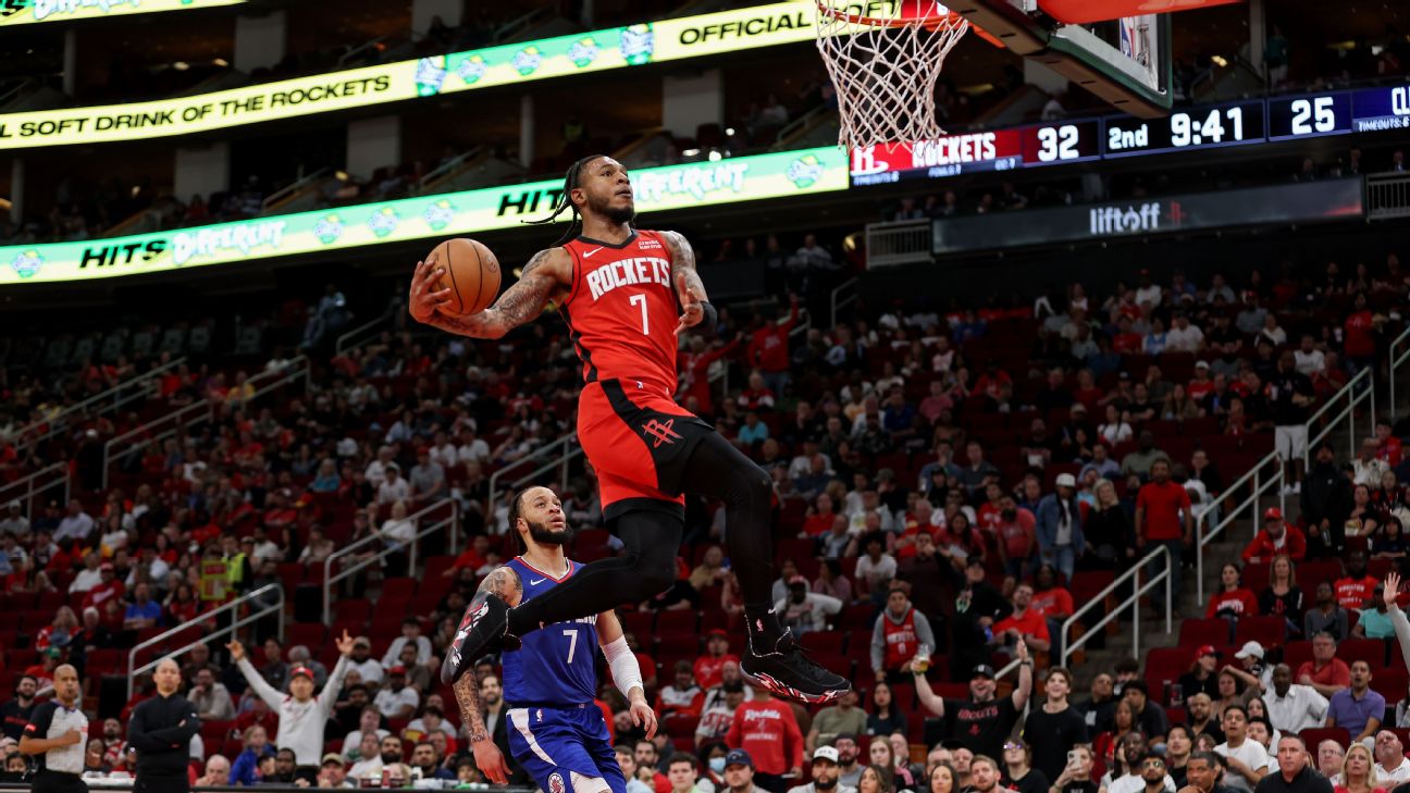 Cam Whitmore dunks the ball vs. Los Angeles Clippers at Toyota Center in Houston, Texas, on Mar. 6, 2024.