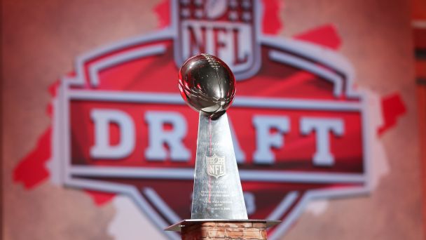 A view of a Kansas City Chiefs Lombardi Trophy with the NFL draft logo in the background during first round of the NFL draft red carpet event on April 27, 2023, at Union Station in Kansas City. [608x342]