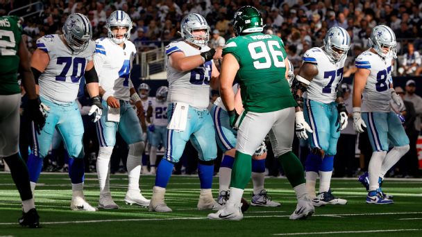 The Dallas Cowboys offensive line gets ready for a play during the game between the Dallas Cowboys and the New York Jets on September 17, 2023 at AT&T Stadium. [608x342]