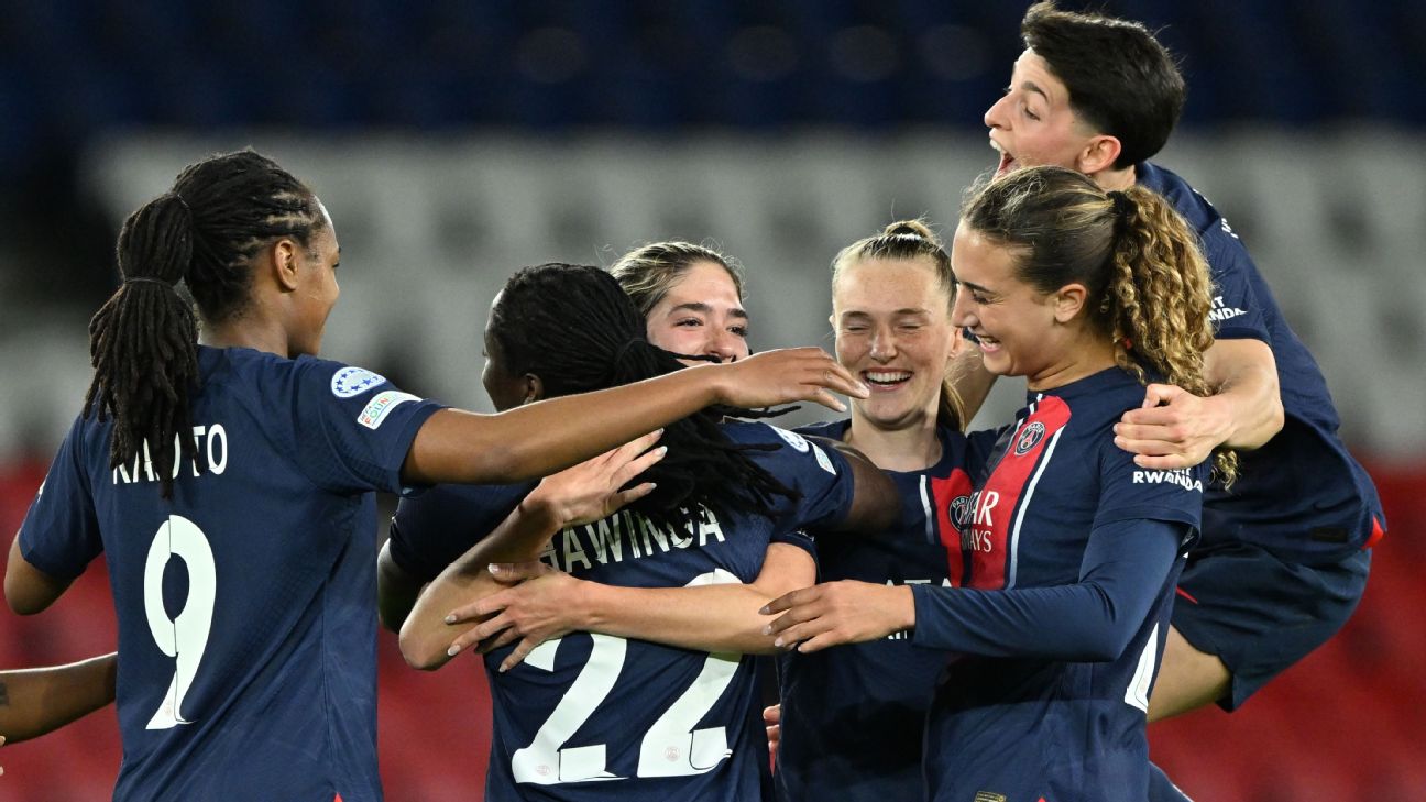 Players of Paris Saint-Germain (PSG) celebrate after scoring during the UEFA Women's Champions League quarter-final second leg soccer match between Paris Saint-Germain and BK Hacken  [1296x729]