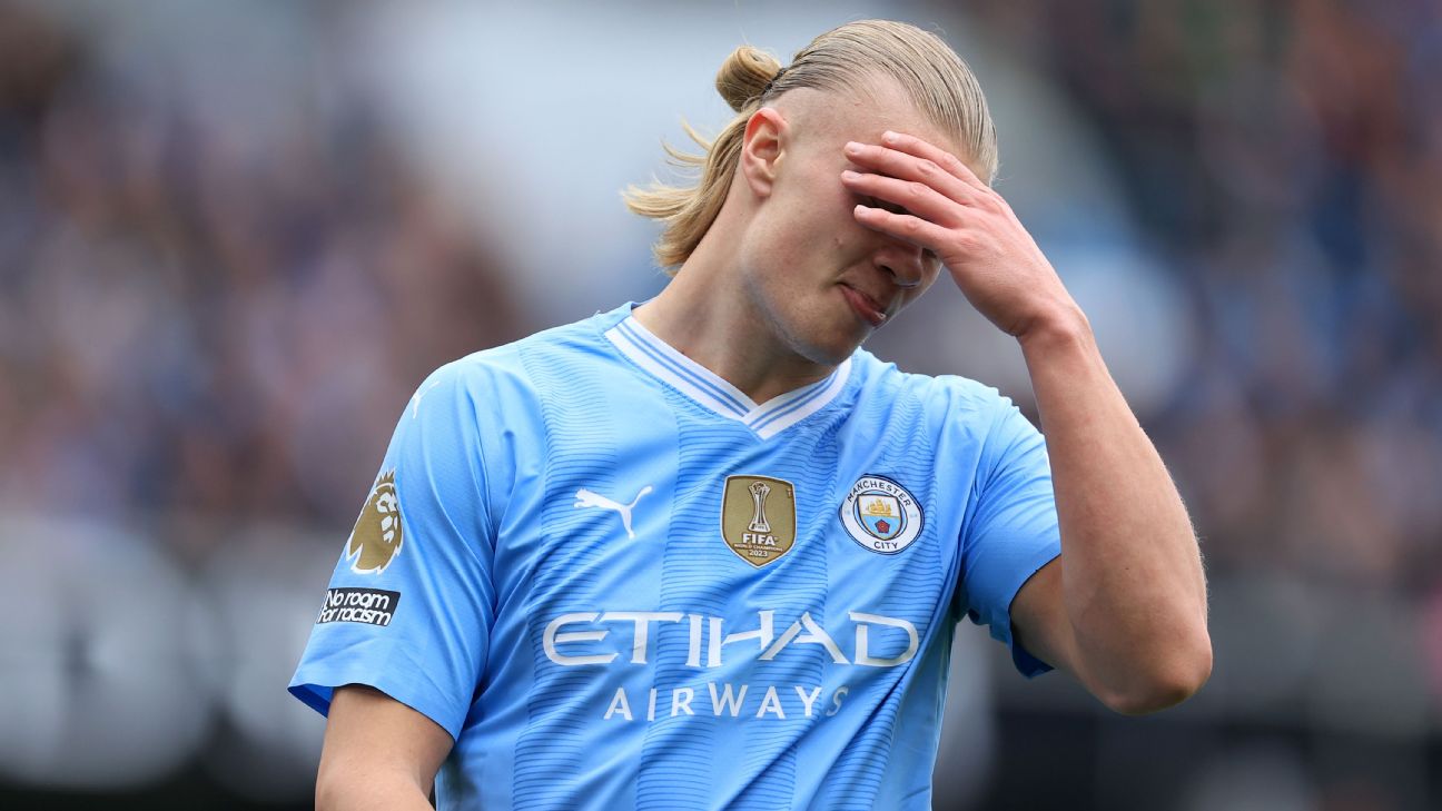 Erling Haaland of Manchester City looks dejected during the Premier League match between Manchester City and Luton Town [1296x729]