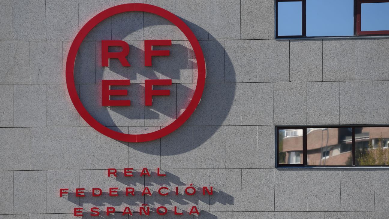 A view of the logo of the Spanish Soccer Federation (RFEF) at the headquarters on April 03, 2024 in Madrid, Spain.  [1296x729]