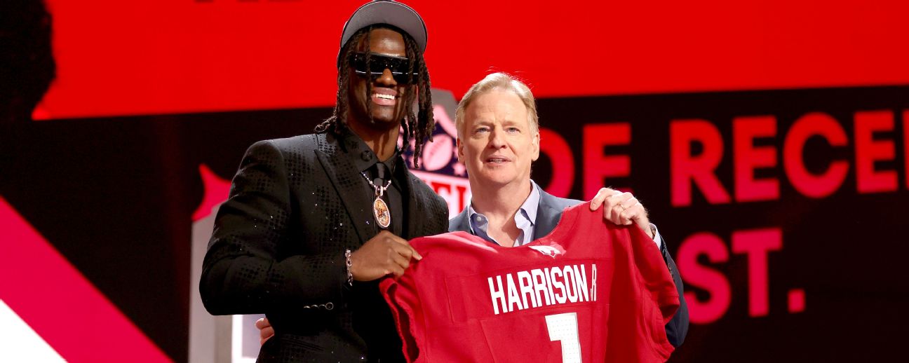NFL Draft: Marvin Harrison Jr. (Marvin Harrison Jr. poses with NFL Commissioner Roger Goodell after being selected fourth overall by the Arizona Cardinals) [1296x518]