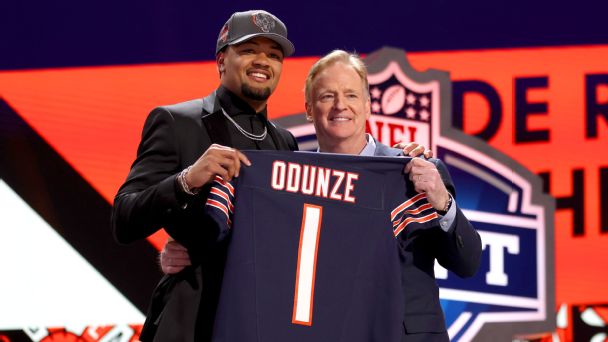 NFL Draft: Rome Odunze (Rome Odunze poses with NFL Commissioner Roger Goodell after being selected ninth overall by the Chicago Bears) [608x342]