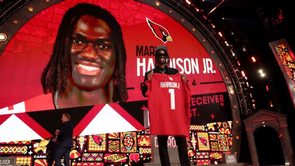 Marvin Harrison Jr. celebrates after being selected fourth overall by the Arizona Cardinals during the first round of the 2024 NFL Draft at Campus Martius Park and Hart Plaza on April 25, 2024 in Detroit. [608x342]