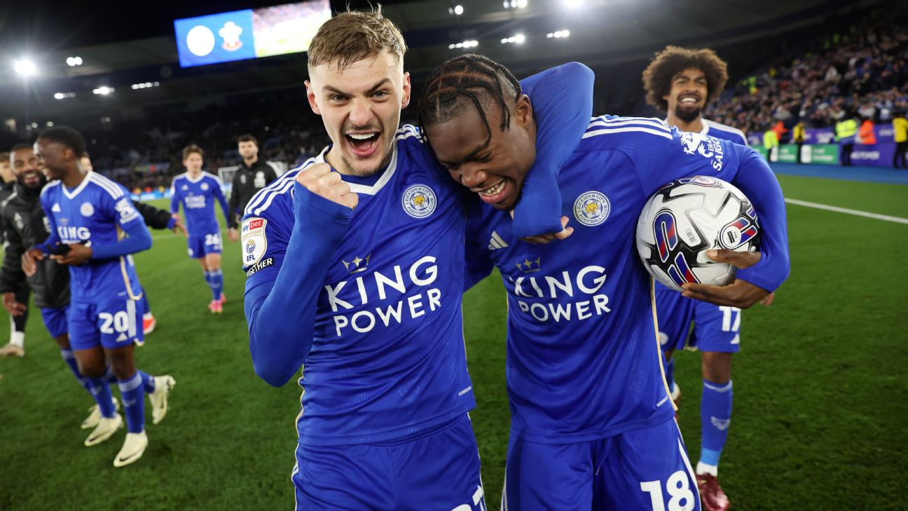 Kiernan Dewsbury-Hall of Leicester City and Abdul Fatawu of Leicester City celebrate after the Sky Bet Championship match between Leicester City and Southampton [1296x729]