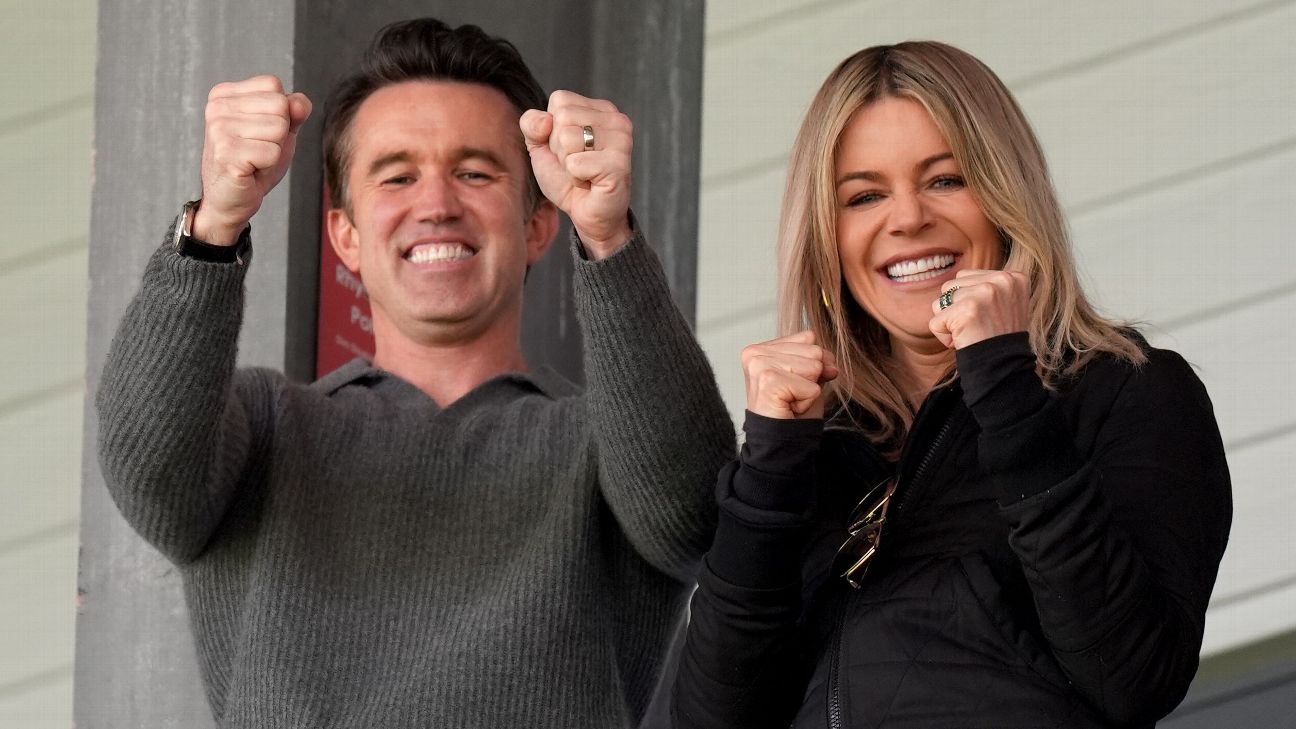 Wrexham co-chairman Rob McElhenney (left) and his wife Kaitlin Olson before the Sky Bet League Two match at the SToK Cae Ras, Wrexham [1296x729]