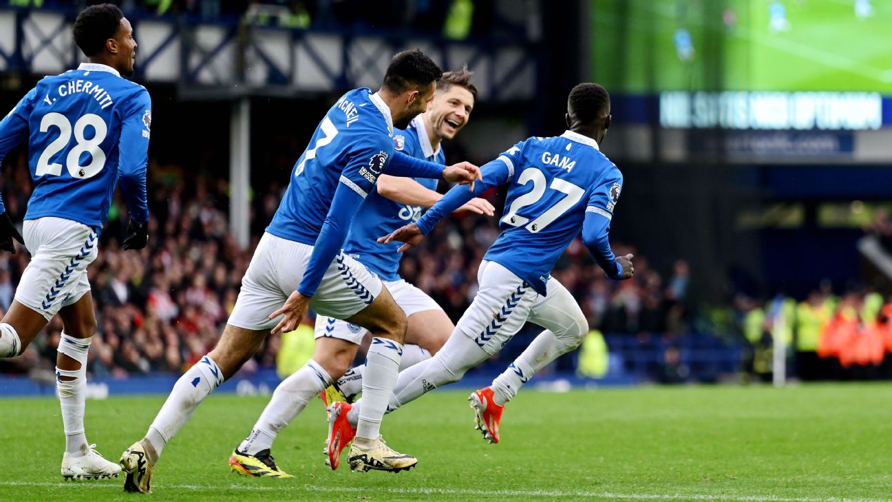 Idrissa Gueye of Everton celebrates his goal with James Tarkowski Dwight McNeil and Youssef Chermiti during the Premier League match between Everton FC and Brentford FC at Goodison Park [1296x729]