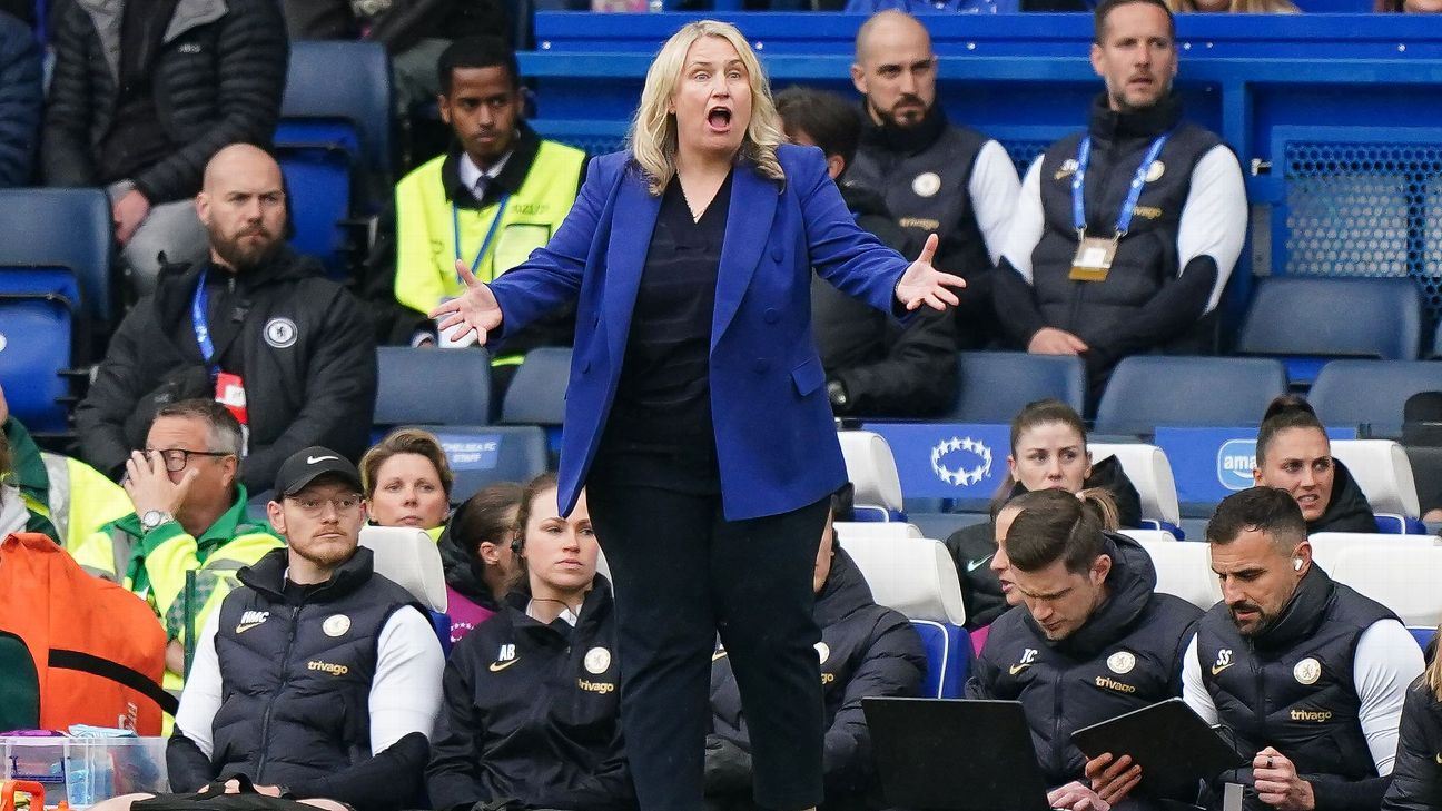 Emma Hayes gestures on the touchline during the UEFA Women's Champions League semi-final, second leg match at Stamford Bridge [1296x729]