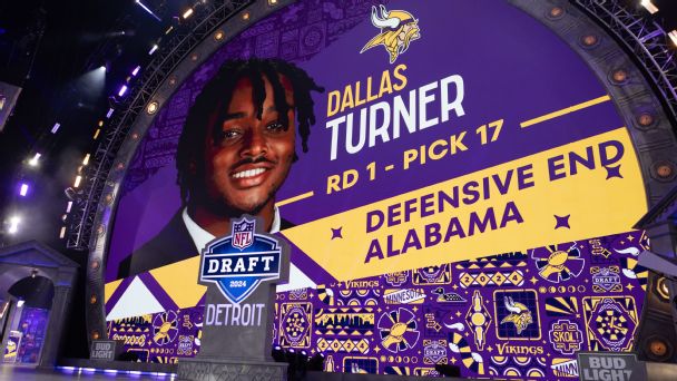 The Minnesota Vikings select Alabama defensive end Dallas Turner with the 17th overall pick during Day 1 of the NFL draft on April 25, 2024 at Campus Martius Park and Hart Plaza in Detroit. [608x342]