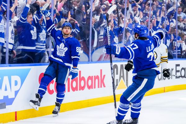 Boston Bruins vs. Toronto Maple Leafs (William Nylander #88 of the Toronto Maple Leafs celebrates his goal against the Boston Bruins with teammate Timothy Liljegren #37) [600x400]