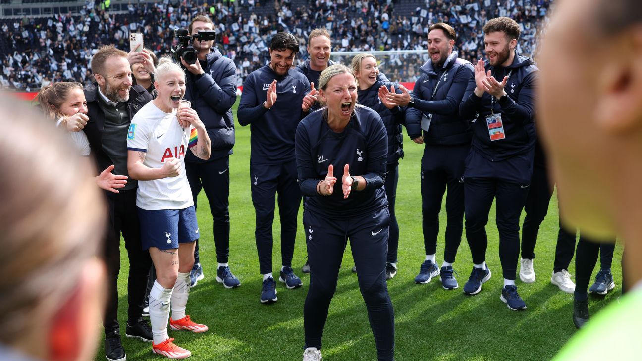Assistant coach Vicky Jepson of Tottenham Hotspur celebrates after the Adobe Women's FA Cup Semi Final at Tottenham Hotspur Stadium on April 14, 2024 [1296x729]