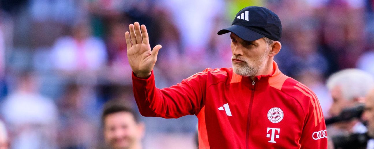 Bayern Munich - VfL Wolfsburg, Matchday 33, Allianz Arena. Munich coach Thomas Tuchel stands in the stadium before the game. [1296x518]