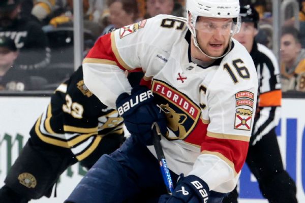 Panthers' Aleksander Barkov practices, will travel to Edmonton
