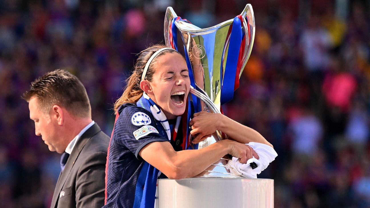 Aitana Bonmati of FC Barcelona embraces the UEFA Women's Champions League Trophy after the UEFA Women's Champions League final match between FC Barcelona and VfL Wolfsburg [1296x729]