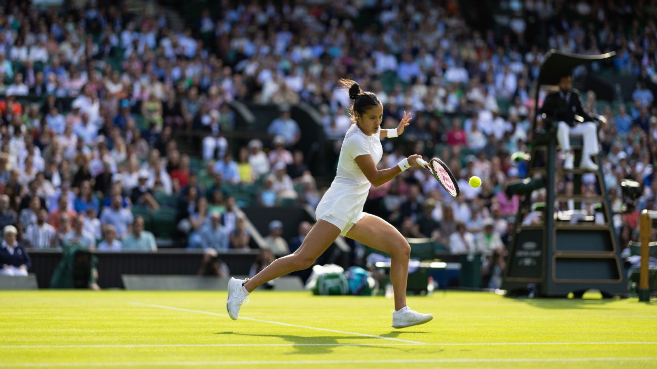 Emma Raducanu of United Kingdom in action against Alison Van Uytvanck of Belgium at The Wimbledon Lawn Tennis Championship at the All England Lawn and Tennis Club at Wimbledon [1296x729]