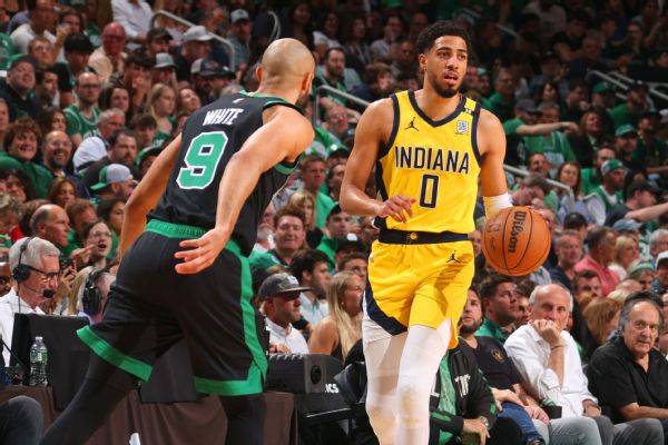 Indiana Pacers vs. Boston Celtics (Tyrese Haliburton #0 of the Indiana Pacers dribbles the ball) [600x400]