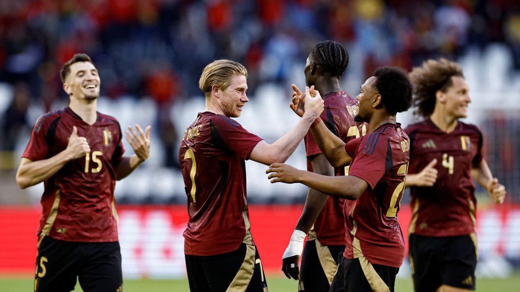 Kevin De Bruyne celebrates after scoring a goal for Belgium in a friendly against Montenegro.