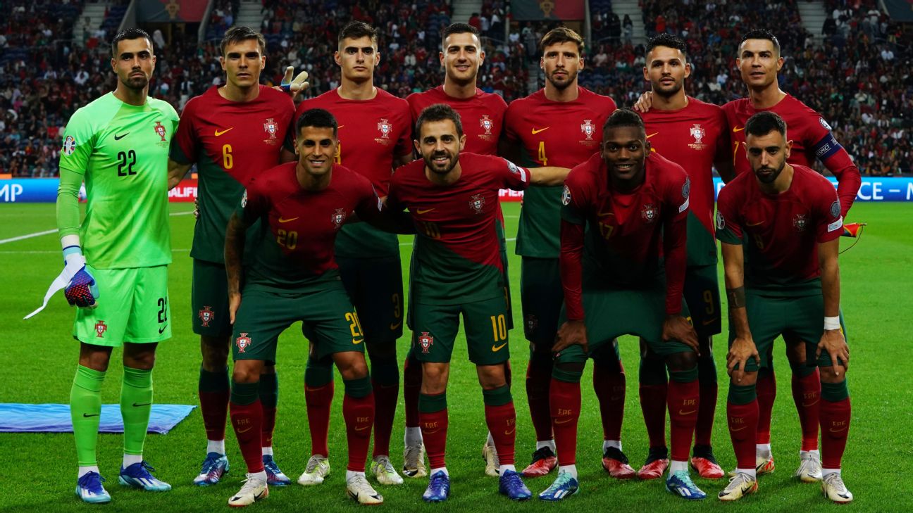 Portugal players pose for a team photo before the start of the Group J - UEFA EURO 2024 European Qualifiers match between Portugal and Slovakia  [1296x729]