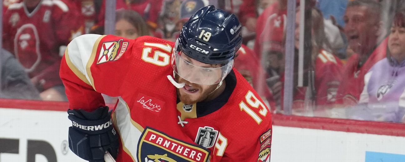 Florida Panthers left wing Matthew Tkachuk (19) controls the puck behind the Edmonton Oilers net in the second period during game five of the Stanley Cup Finals between the Edmonton Oilers and the Florida Panthers on Tuesday, June 18 , 2024 at Amerant Ban