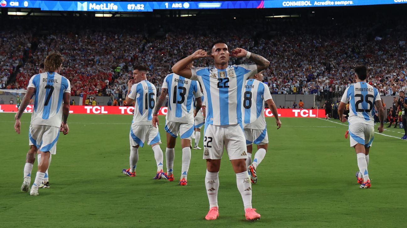 Lautaro Martinez celebrates after scoring a goal for Argentina in the Copa América.