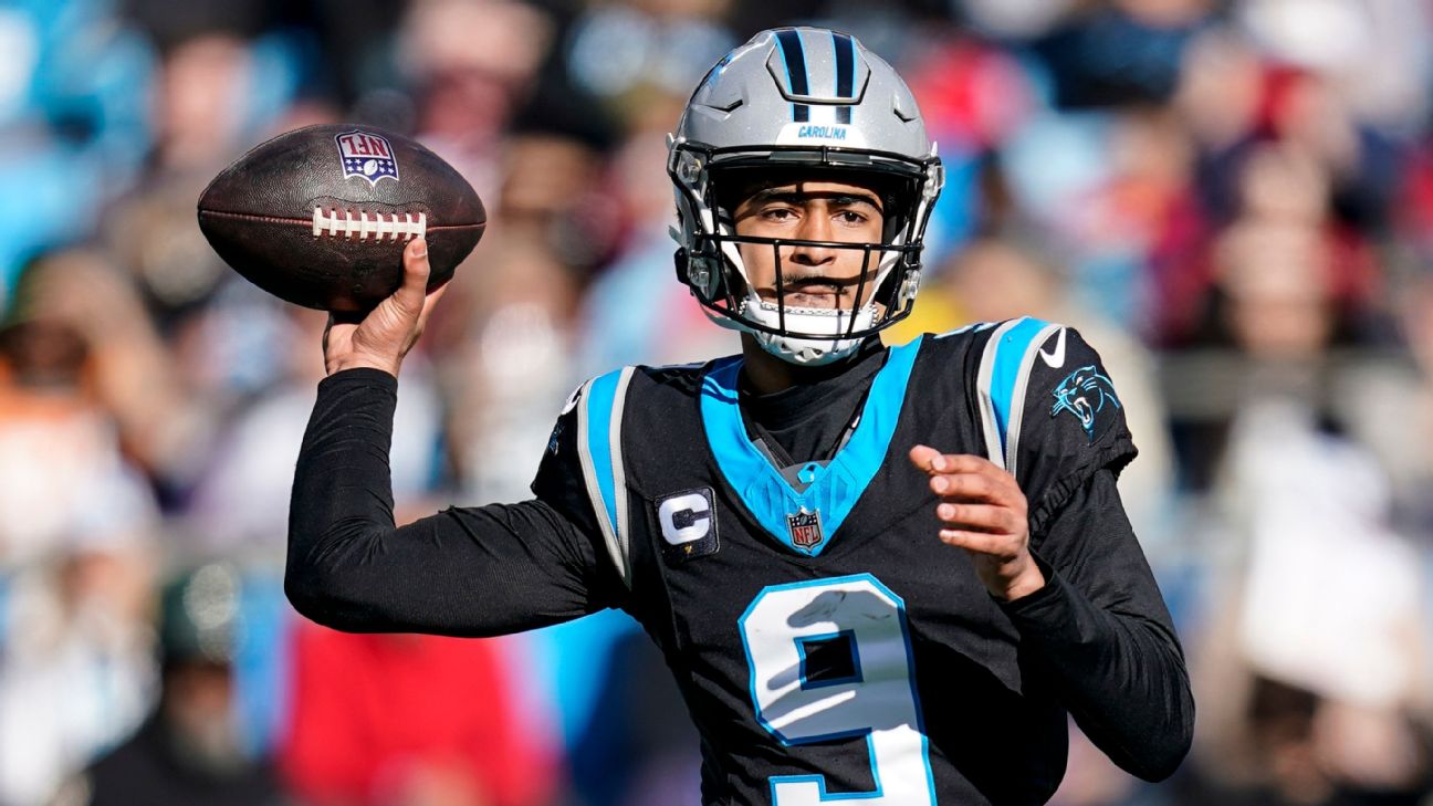 Carolina Panthers quarterback Bryce Young (9) passes in the pocket against the Tampa Bay Buccaneers during the first half of an NFL football game, Sunday, Jan. 7, 2024, in Charlotte, N.C.