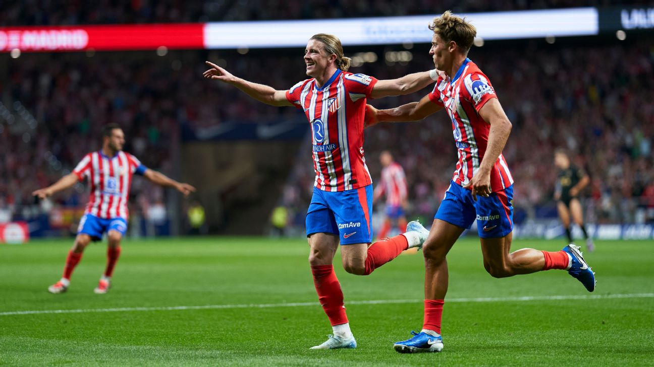 Connor Gallagher celebrates after scoring a goal for Atletico Madrid against Valencia.