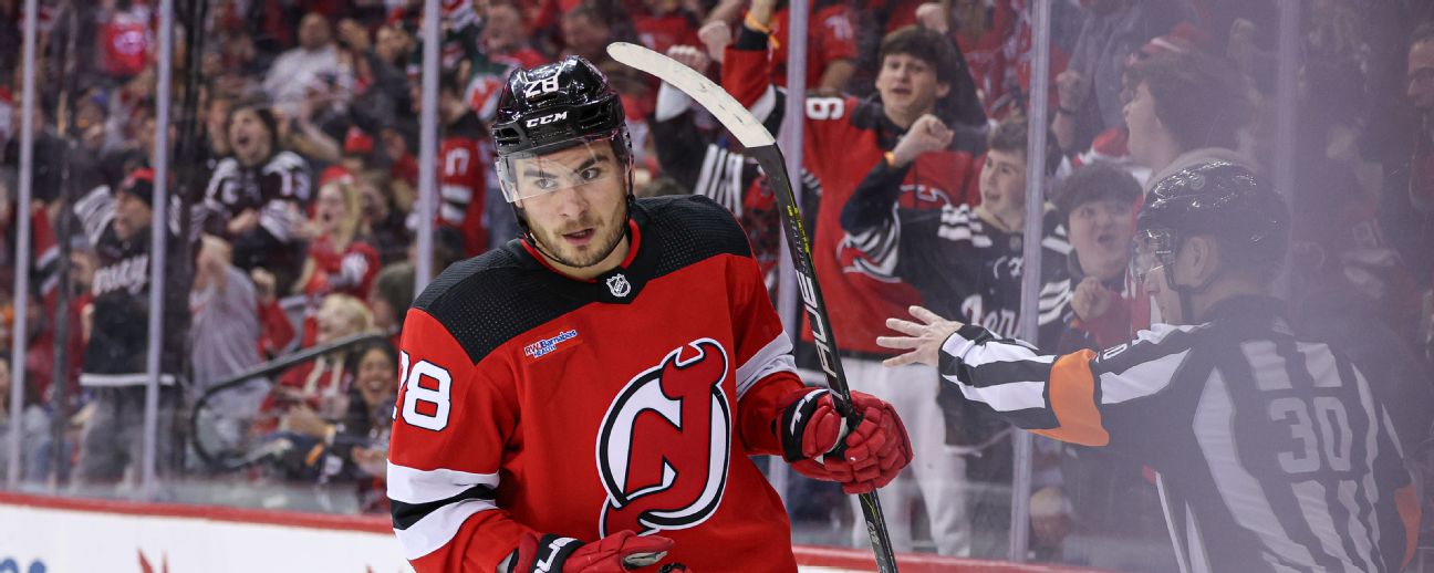 New Jersey Devils right wing Timo Meier (28) celebrates his first goal of the game against the St. Louis Blues.