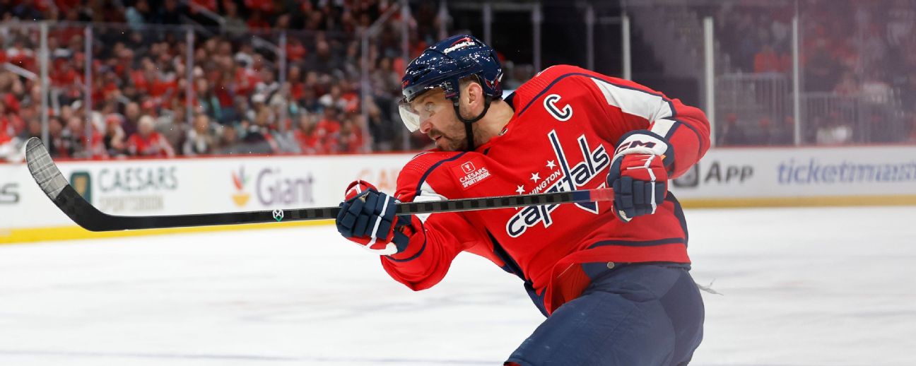 Washington Capitals left wing Alex Ovechkin (8) shoots the puck against the Seattle Kraken