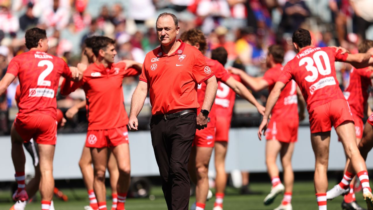 Sydney coach John Longmire seen prior to the 2024 AFL Grand Final. — Article image accompanying 'Deep sadness': ex-Swans coach reflects on banned five on WagerUp Sports News. Sydney coach John Longmire seen prior to the 2024 AFL Grand Final. — Article image accompanying 'Deep sadness': ex-Swans coach reflects on banned five on WagerUp Sports News.