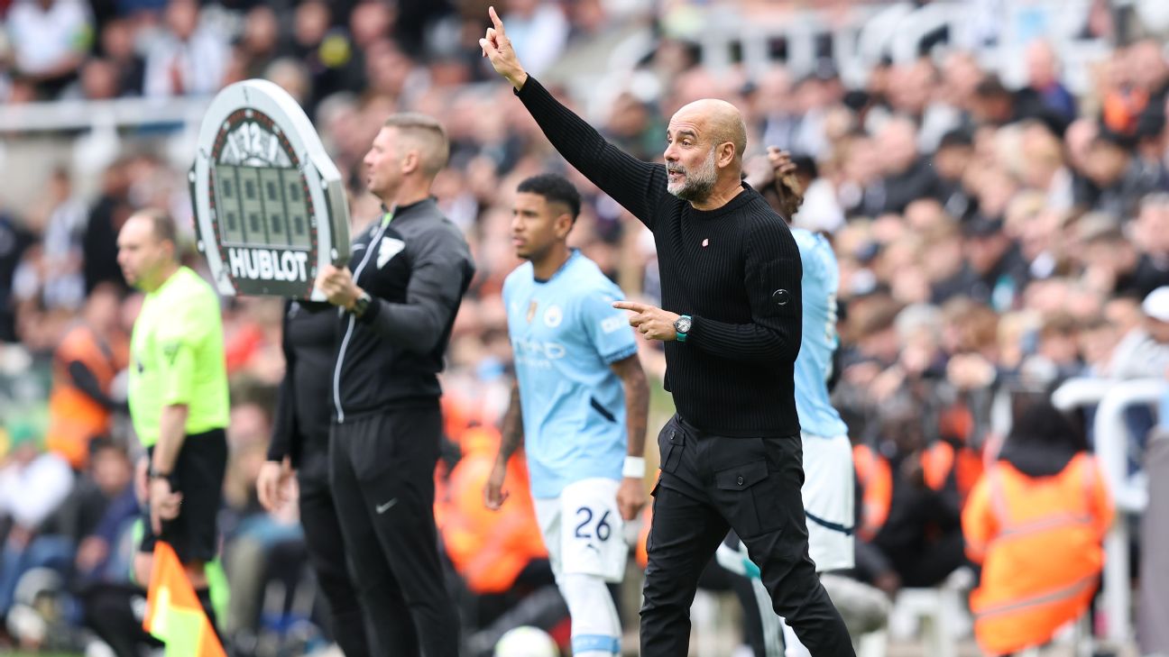 Josep Guardiola, Manager of Manchester City, reacts during the Premier League match between Newcastle United FC and Manchester City FC at St James' Park [1296x729]