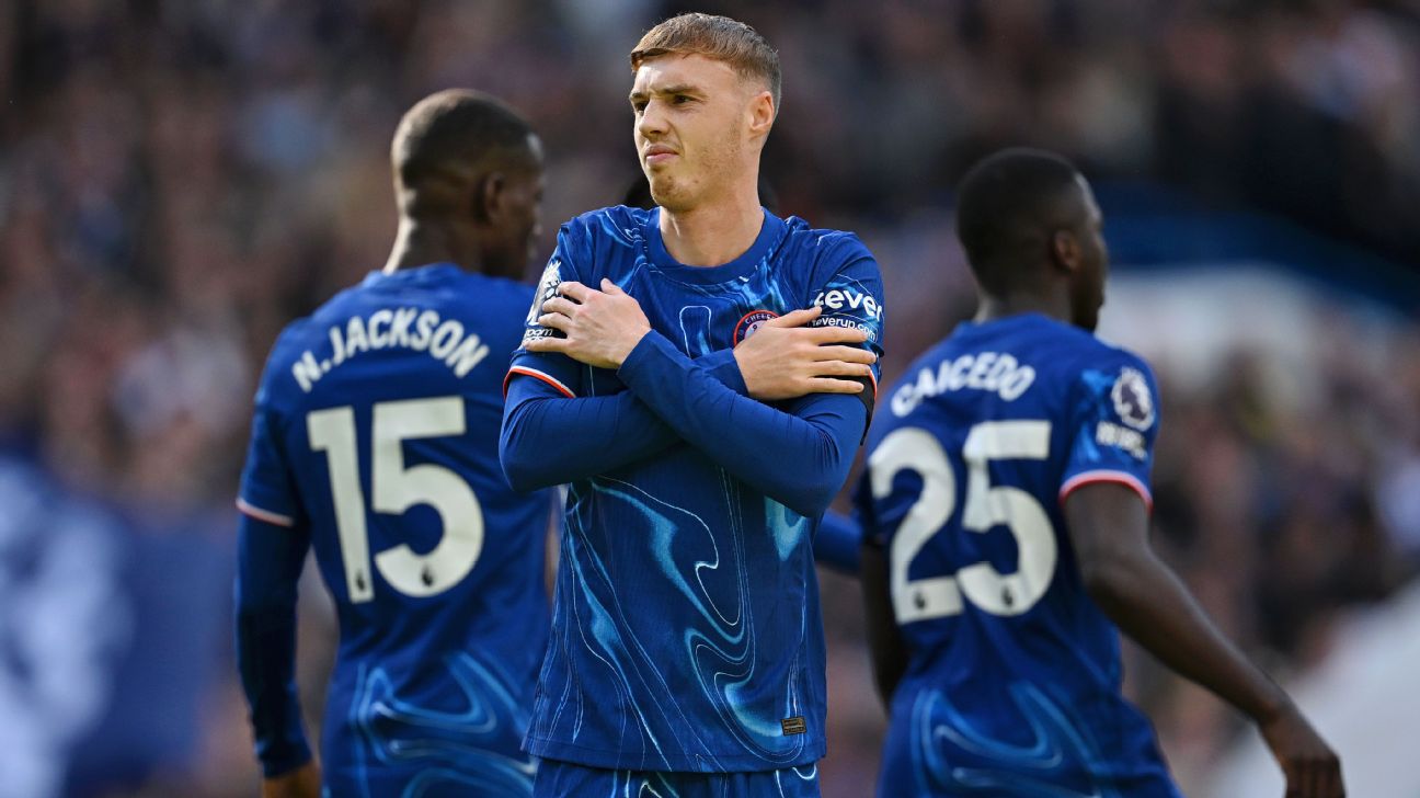 Cole Palmer of Chelsea celebrates scoring his team's first goal during the Premier League match between Chelsea FC and Brighton [1296x729]