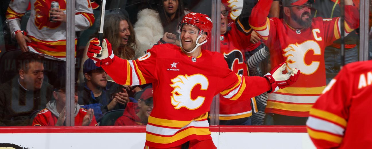 Jonathan Huberdeau #10 and teammates of the Calgary Flames celebrate a goal.