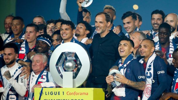 Captain Thiago Silva, coach Thomas Tuchel and players of PSG celebrate winning the 'French Championship 2019' during the trophy ceremony following the French Ligue 1