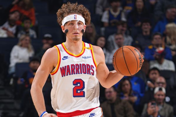 Brandin Podziemski dribbles the ball vs. New Orleans Pelicans at Chase Center in San Francisco, California, on Oct. 29, 2024.