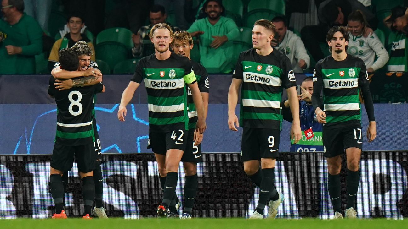 Sporting CP players celebrate after scoring a goal against Manchester City in the Champions League.