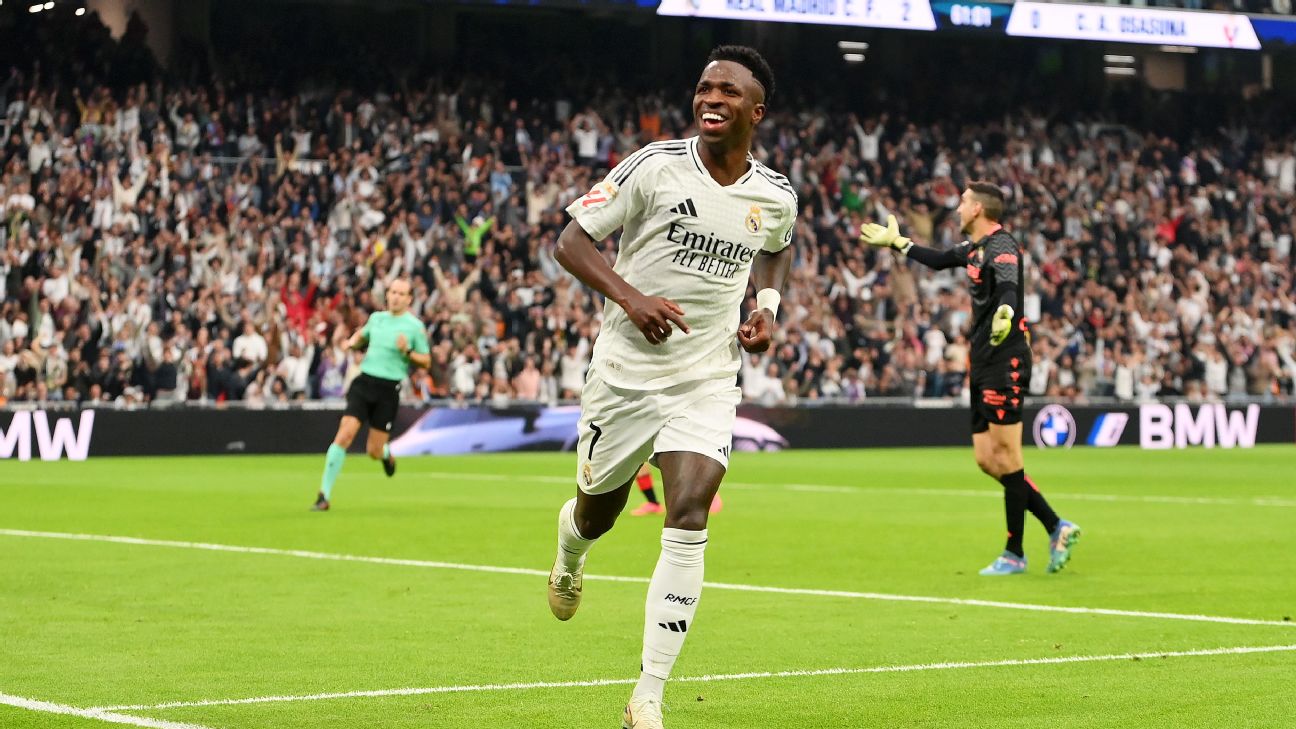 Vin   Jr  nets hat trick as Madrid thrash Osasuna