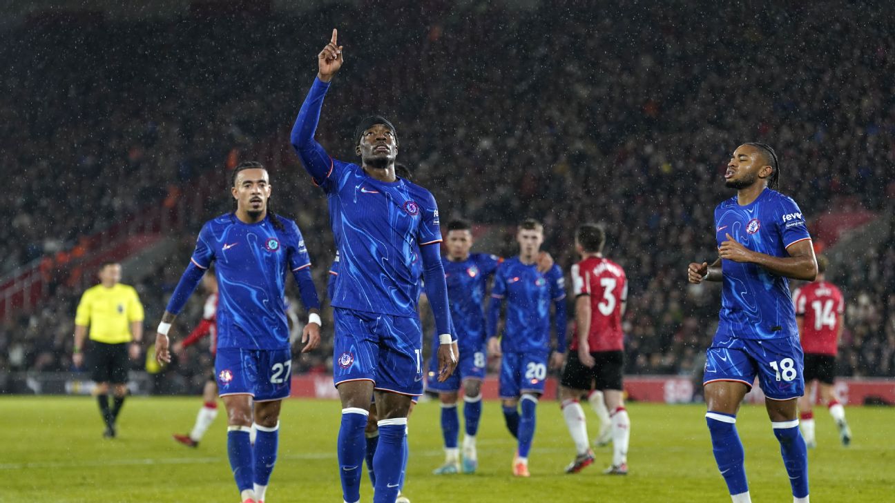 Chelsea players celebrate after scoring a goal against Southampton in the Premier League.