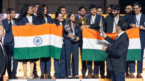 India won gold in both the open and women's sections of the 2024 Chess Olympiad. — Article image accompanying Indian teams win at FIDE Chess Olympiad round 3; India's Quimcy Dsouza reaches Teqball semifinal: Indian Sports LIVE, September 18 on WagerUp Sports News.