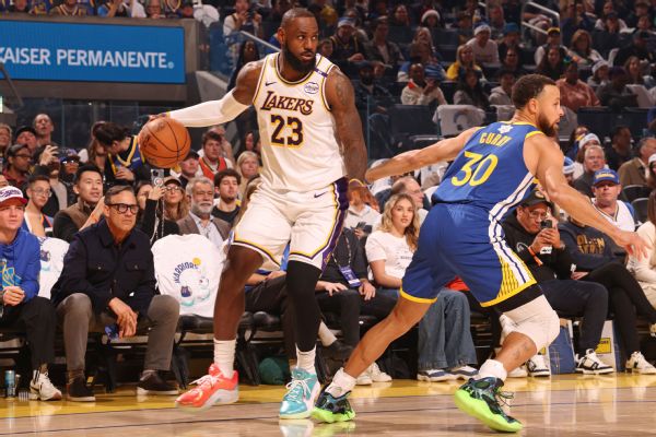 LeBron James dribbles the ball vs. Golden State Warriors at Chase Center in San Francisco, California, on Dec. 25, 2024.