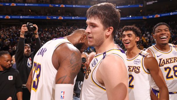 SAN FRANCISCO, CA - DECEMBER 25: Austin Reaves #15 of the Los Angeles Lakers celebrates after scoring the game winning basket during the game against the Golden State Warriors on December 25, 2024 at Chase Center in San Francisco, California.